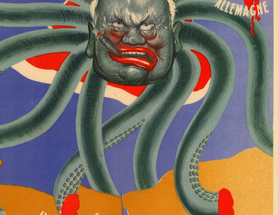 World War 2 Nazi Vichy France Propaganda Poster Map - Winston Churchill as a Tentacled Beast