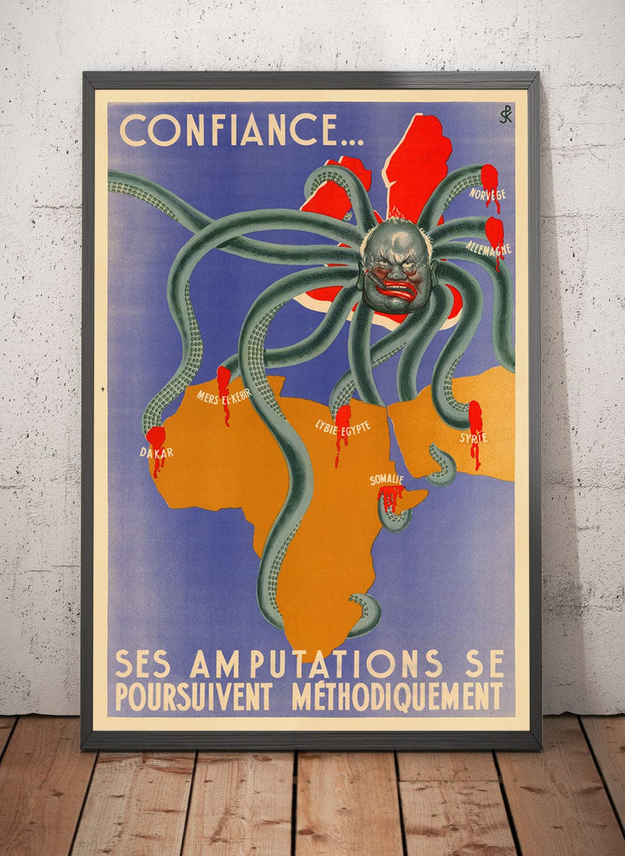 World War 2 Nazi Vichy France Propaganda Poster Map - Winston Churchill as a Tentacled Beast