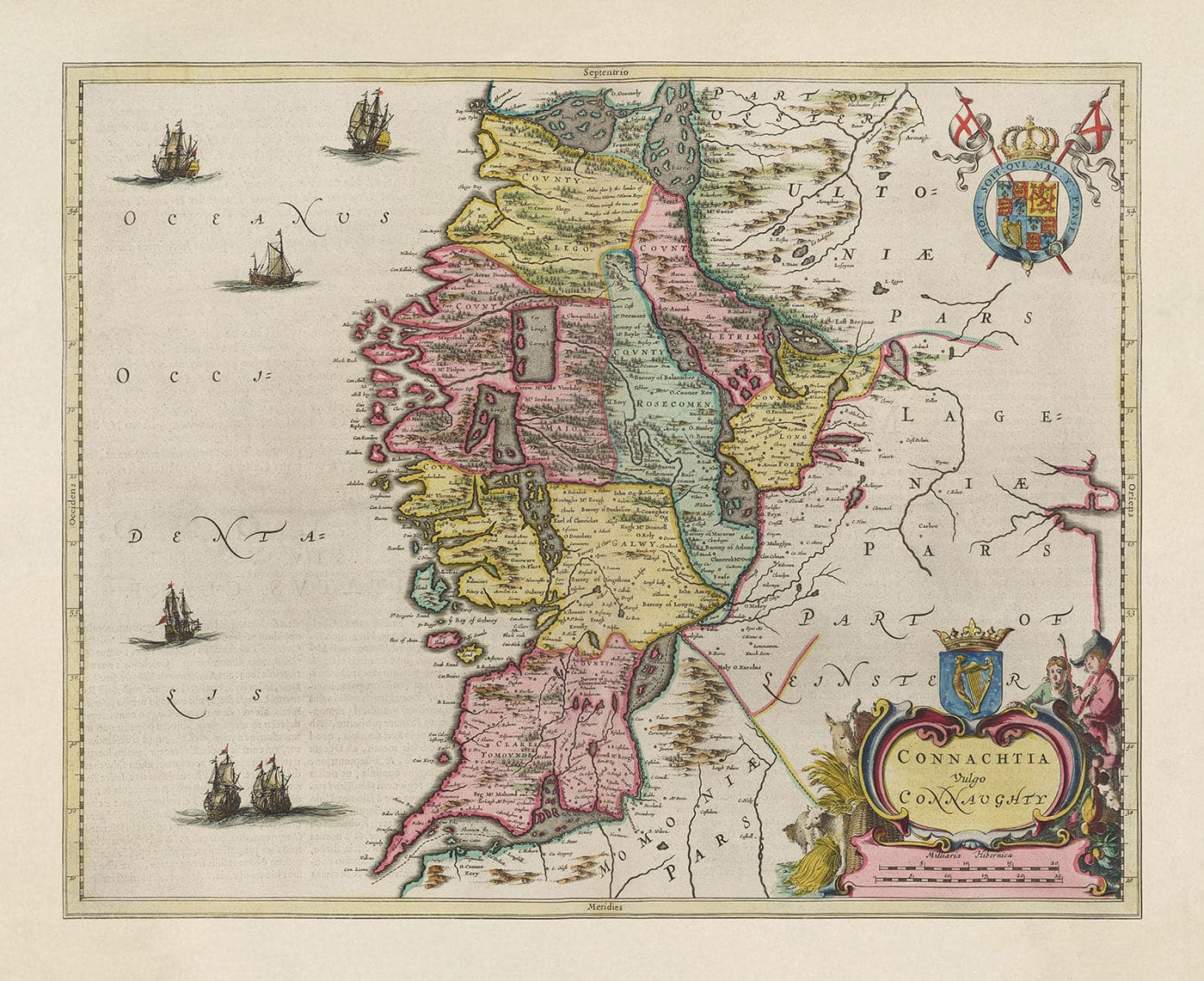 Old Map of Connacht, Ireland in 1665 by Joan Blaeu - Connaught, Galway, Sligo, Mayo, Leitrim, Clare, West Eire