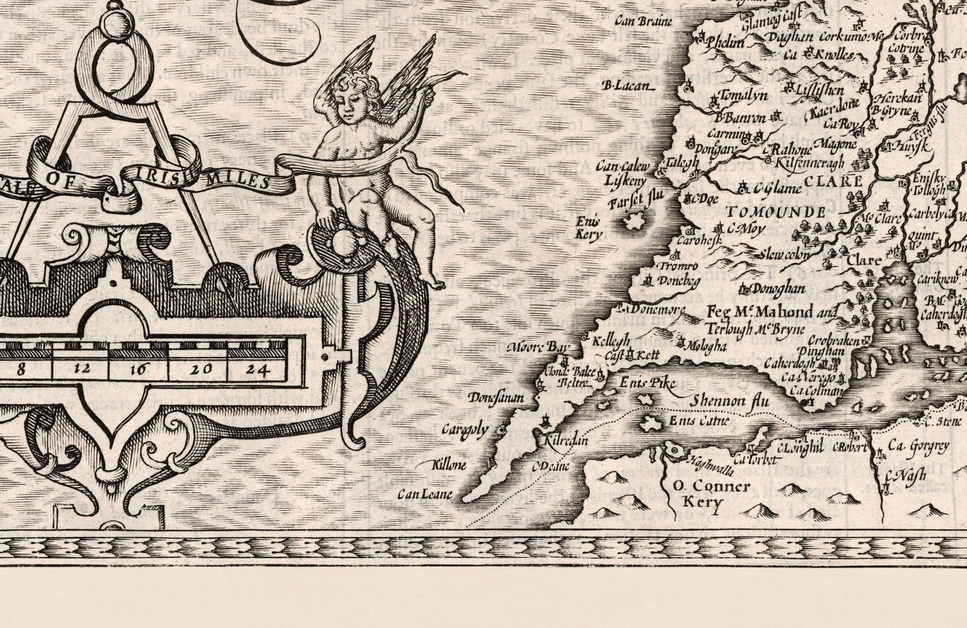 Old Monochrome Map of Connacht, Ireland 1611 by John Speed - Galway, Sligo, Mayo, Leitrim, Clare