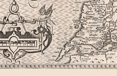 Old Monochrome Map of Connacht, Ireland 1611 by John Speed - Galway, Sligo, Mayo, Leitrim, Clare