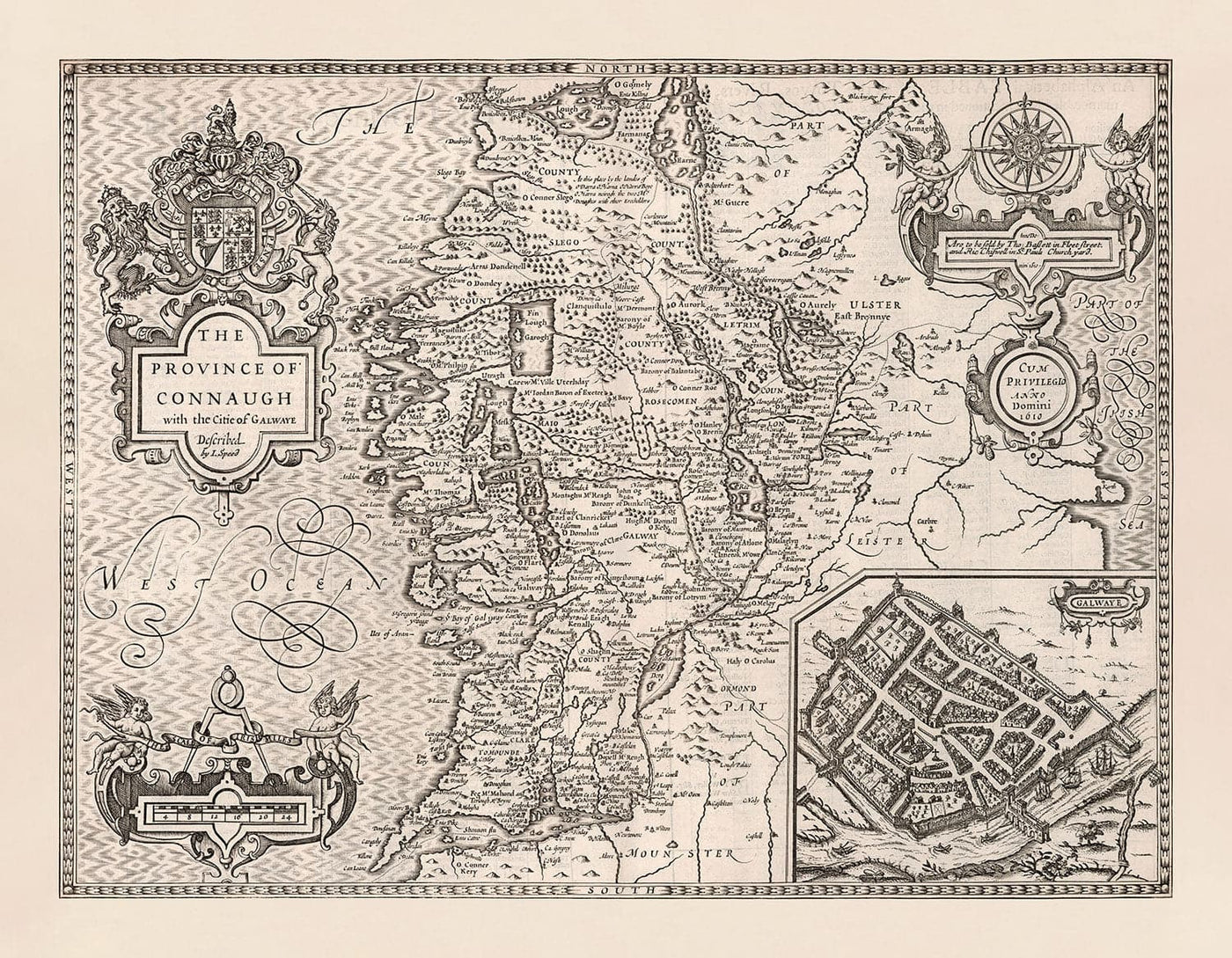 Old Monochrome Map of Connacht, Ireland 1611 by John Speed - Galway, Sligo, Mayo, Leitrim, Clare