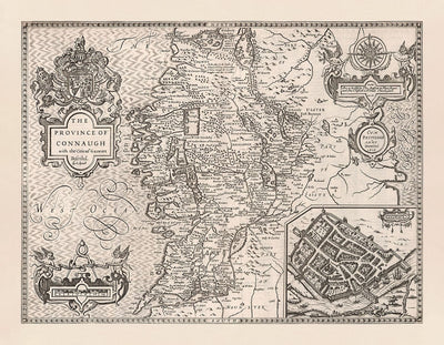 Old Monochrome Map of Connacht, Ireland 1611 by John Speed - Galway, Sligo, Mayo, Leitrim, Clare