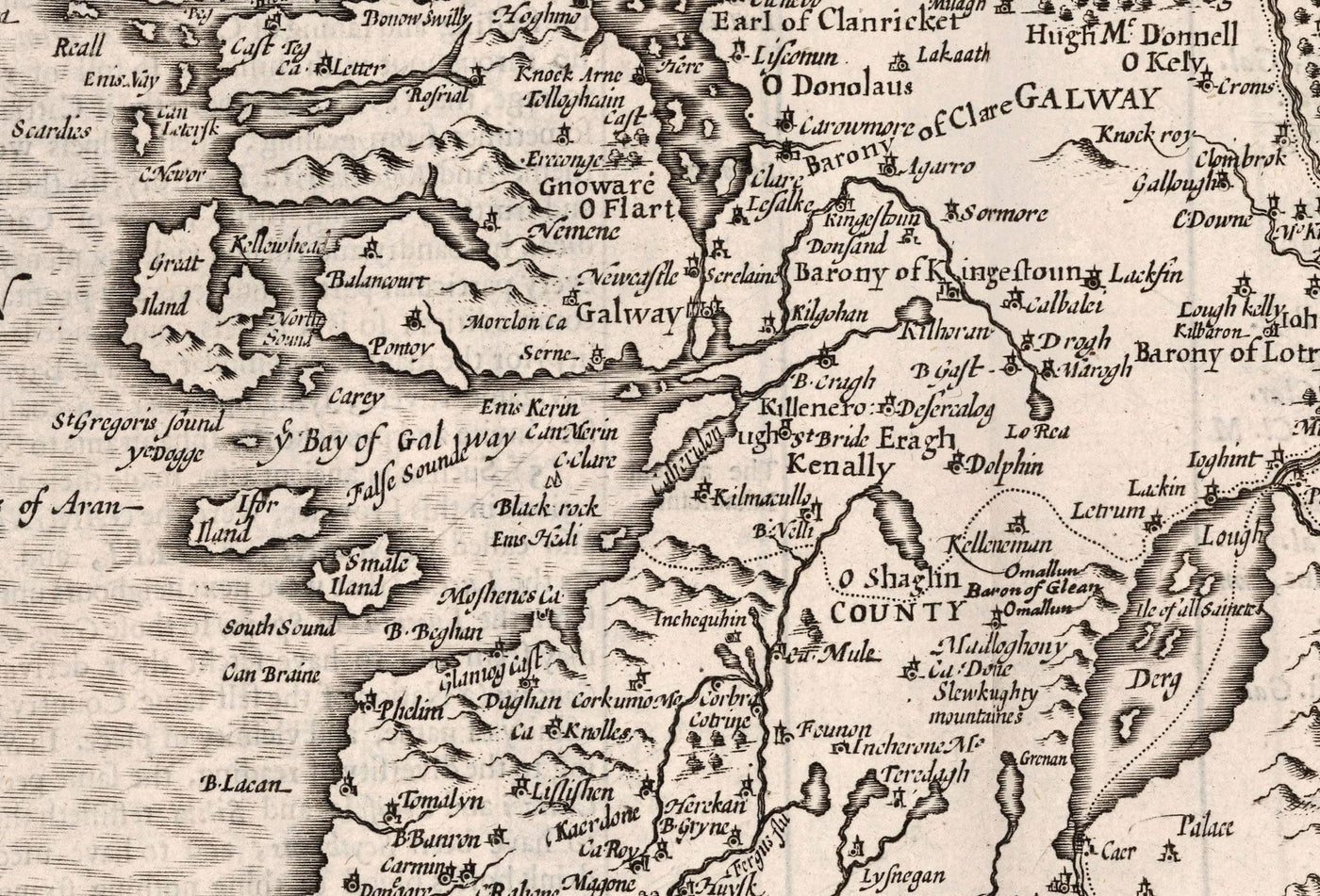 Old Monochrome Map of Connacht, Ireland 1611 by John Speed - Galway, Sligo, Mayo, Leitrim, Clare