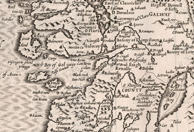 Old Monochrome Map of Connacht, Ireland 1611 by John Speed - Galway, Sligo, Mayo, Leitrim, Clare