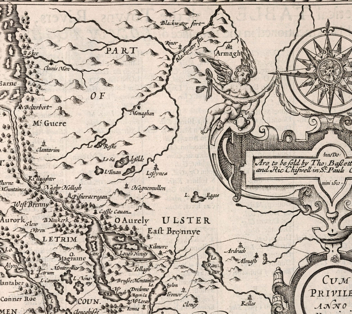 Old Monochrome Map of Connacht, Ireland 1611 by John Speed - Galway, Sligo, Mayo, Leitrim, Clare