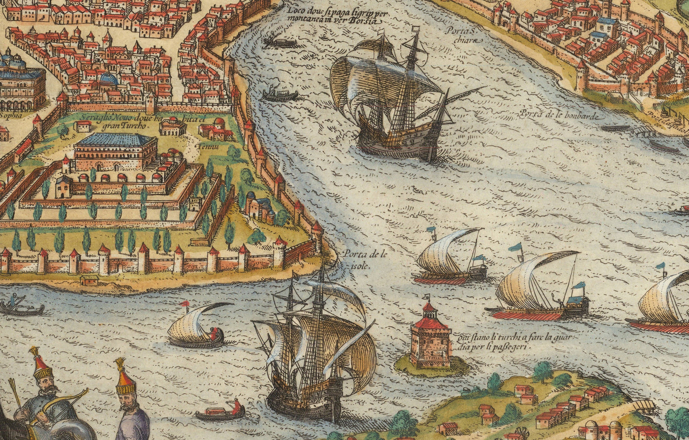 Mapa antiguo de Estambul, Constantinopla en 1572 por Georg Braun - Byzantium, Bosporus, Golden Horn, Topkapi Palace