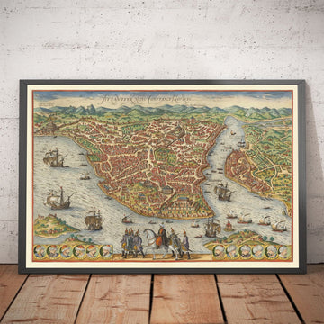 Mappa antica di Istanbul, Costantinopoli nel 1572 di Georg Braun - Bisanzio, Bosforo, Corno d&