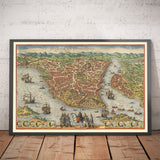 Mapa antiguo de Estambul, Constantinopla en 1572 por Georg Braun - Byzantium, Bosporus, Golden Horn, Topkapi Palace