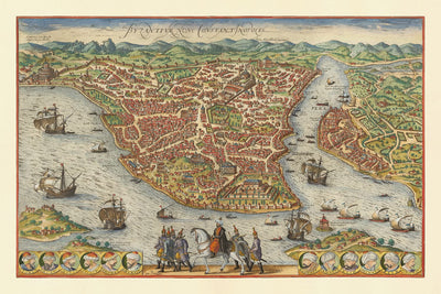 Mapa antiguo de Estambul, Constantinopla en 1572 por Georg Braun - Byzantium, Bosporus, Golden Horn, Topkapi Palace