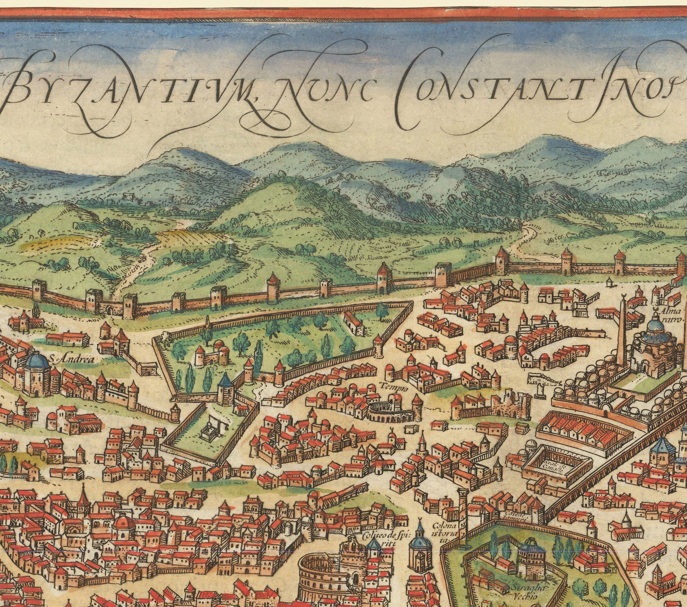 Mapa antiguo de Estambul, Constantinopla en 1572 por Georg Braun - Byzantium, Bosporus, Golden Horn, Topkapi Palace