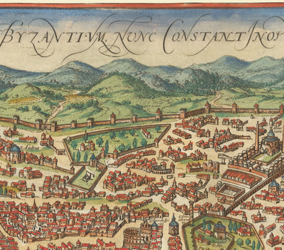 Mapa antiguo de Estambul, Constantinopla en 1572 por Georg Braun - Byzantium, Bosporus, Golden Horn, Topkapi Palace