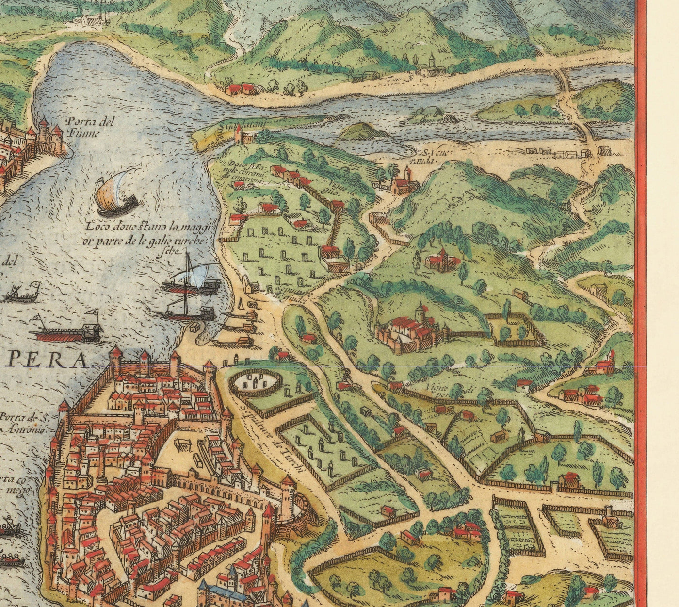 Mapa antiguo de Estambul, Constantinopla en 1572 por Georg Braun - Byzantium, Bosporus, Golden Horn, Topkapi Palace