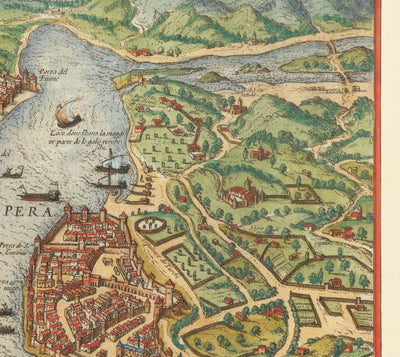 Mapa antiguo de Estambul, Constantinopla en 1572 por Georg Braun - Byzantium, Bosporus, Golden Horn, Topkapi Palace