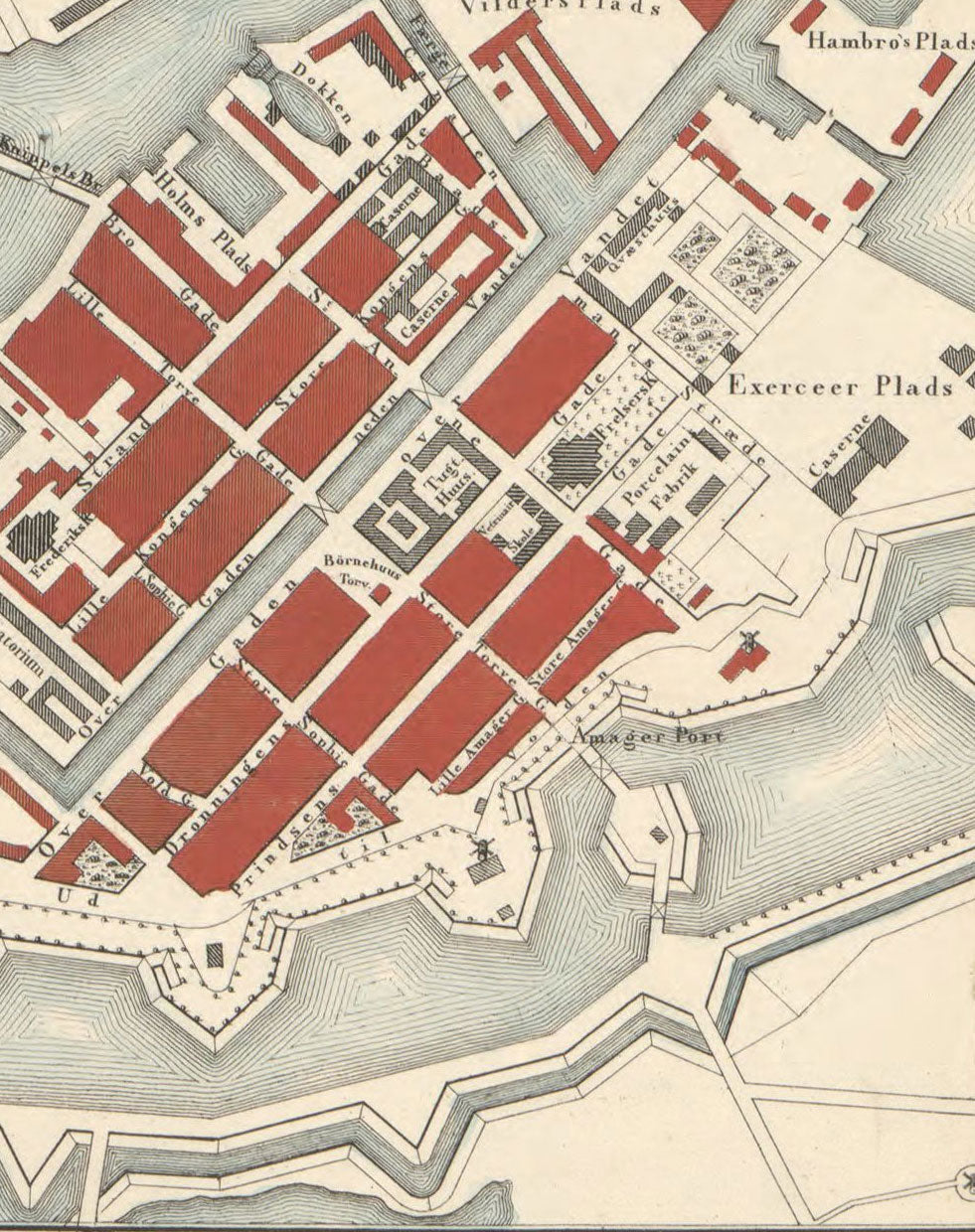 Old Street Map of Copenhagen in 1853 by Millard Fillmore - Borsen, Holmen, Kastellet, Christianshavn, Slotsholmen