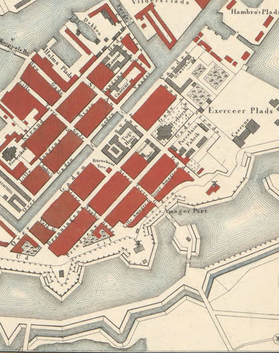 Old Street Map of Copenhagen in 1853 by Millard Fillmore - Borsen, Holmen, Kastellet, Christianshavn, Slotsholmen