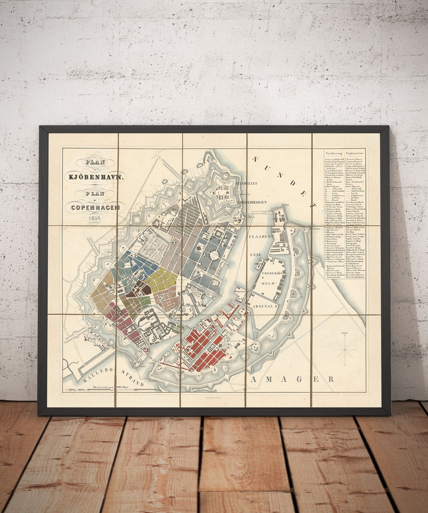 Old Street Map of Copenhagen in 1853 by Millard Fillmore - Borsen, Holmen, Kastellet, Christianshavn, Slotsholmen