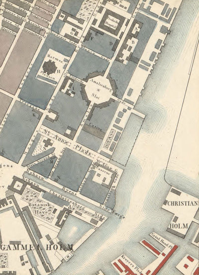 Old Street Map of Copenhagen in 1853 by Millard Fillmore - Borsen, Holmen, Kastellet, Christianshavn, Slotsholmen