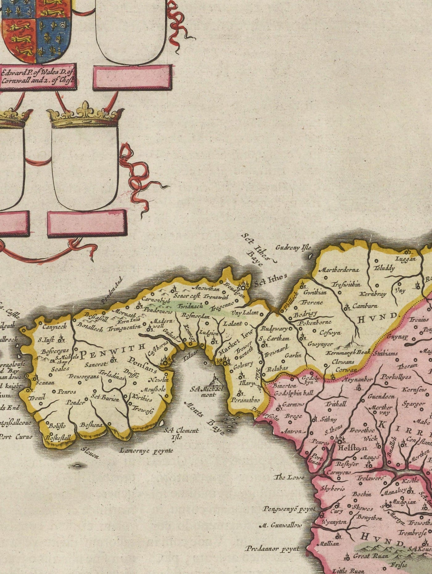 Old Map of Cornwall in 1665 by Joan Blaeu - Penzance, St Ives, Falmouth, Lands End, Padstow, Redruth, West Country