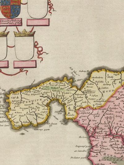 Old Map of Cornwall in 1665 by Joan Blaeu - Penzance, St Ives, Falmouth, Lands End, Padstow, Redruth, West Country