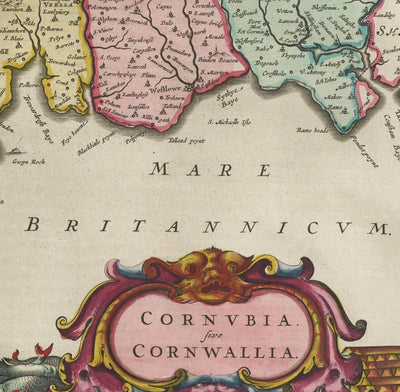 Old Map of Cornwall in 1665 by Joan Blaeu - Penzance, St Ives, Falmouth, Lands End, Padstow, Redruth, West Country