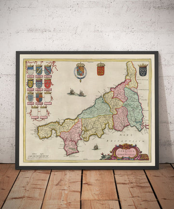 Old Map of Cornwall in 1665 by Joan Blaeu - Penzance, St Ives, Falmouth, Lands End, Padstow, Redruth, West Country
