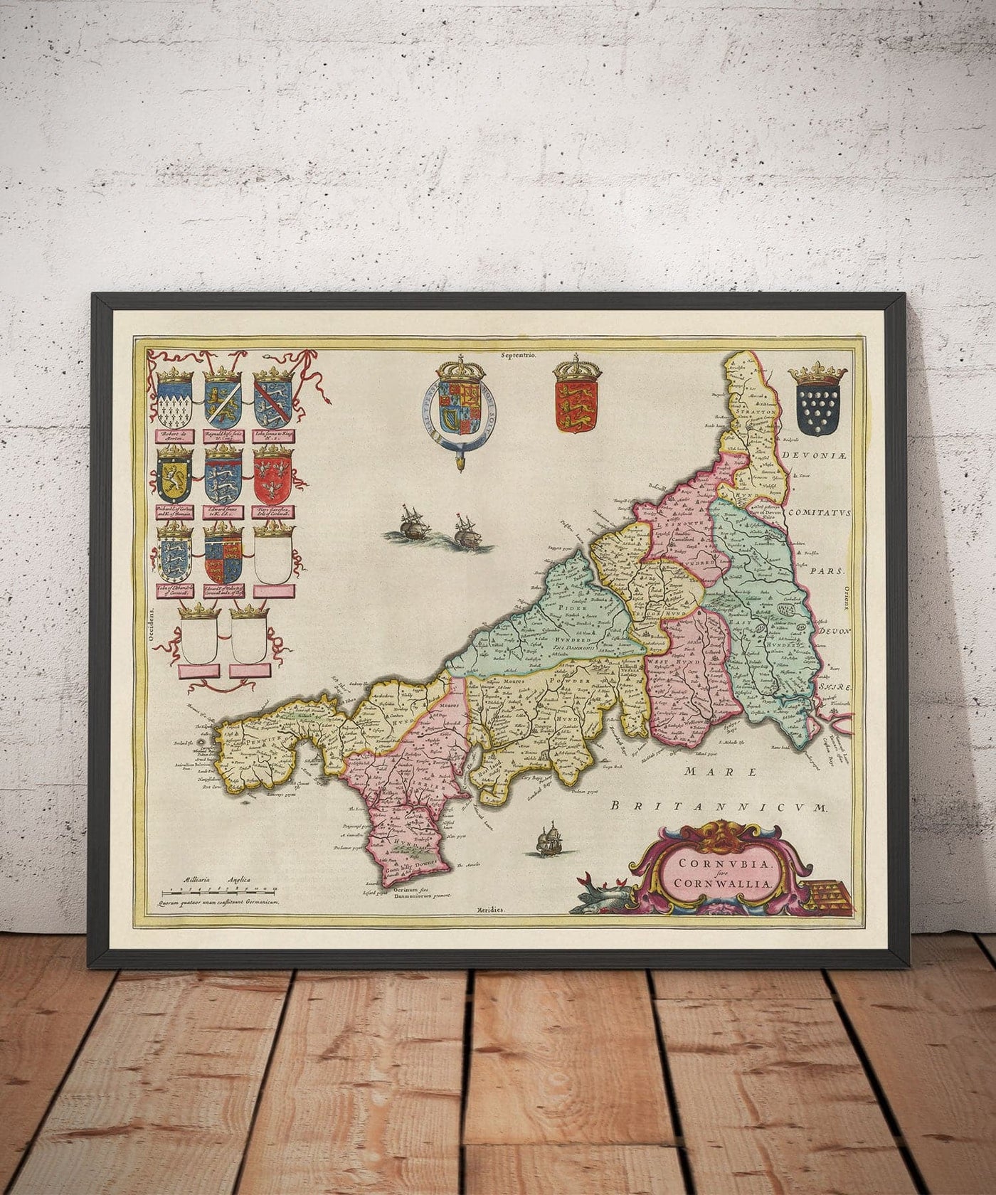 Old Map of Cornwall in 1665 by Joan Blaeu - Penzance, St Ives, Falmouth, Lands End, Padstow, Redruth, West Country