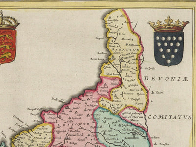 Old Map of Cornwall in 1665 by Joan Blaeu - Penzance, St Ives, Falmouth, Lands End, Padstow, Redruth, West Country