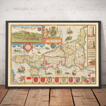 Ancienne carte de Cornwall, 1611 par John Speed ​​- Falmouth, Redruth, St Austell, Truro, Penzance