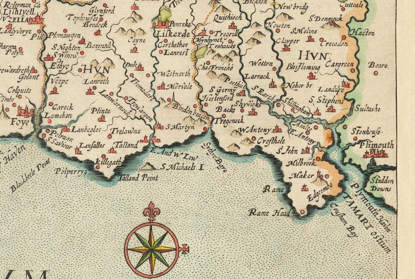 Alte Karte von Cornwall im Jahr 1576 von Christopher Saxton - Penzance, St Ives, Plymouth, Lands End, Padstow, St Michaels Mount, Lizard 