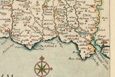 Alte Karte von Cornwall im Jahr 1576 von Christopher Saxton - Penzance, St Ives, Plymouth, Lands End, Padstow, St Michaels Mount, Lizard 