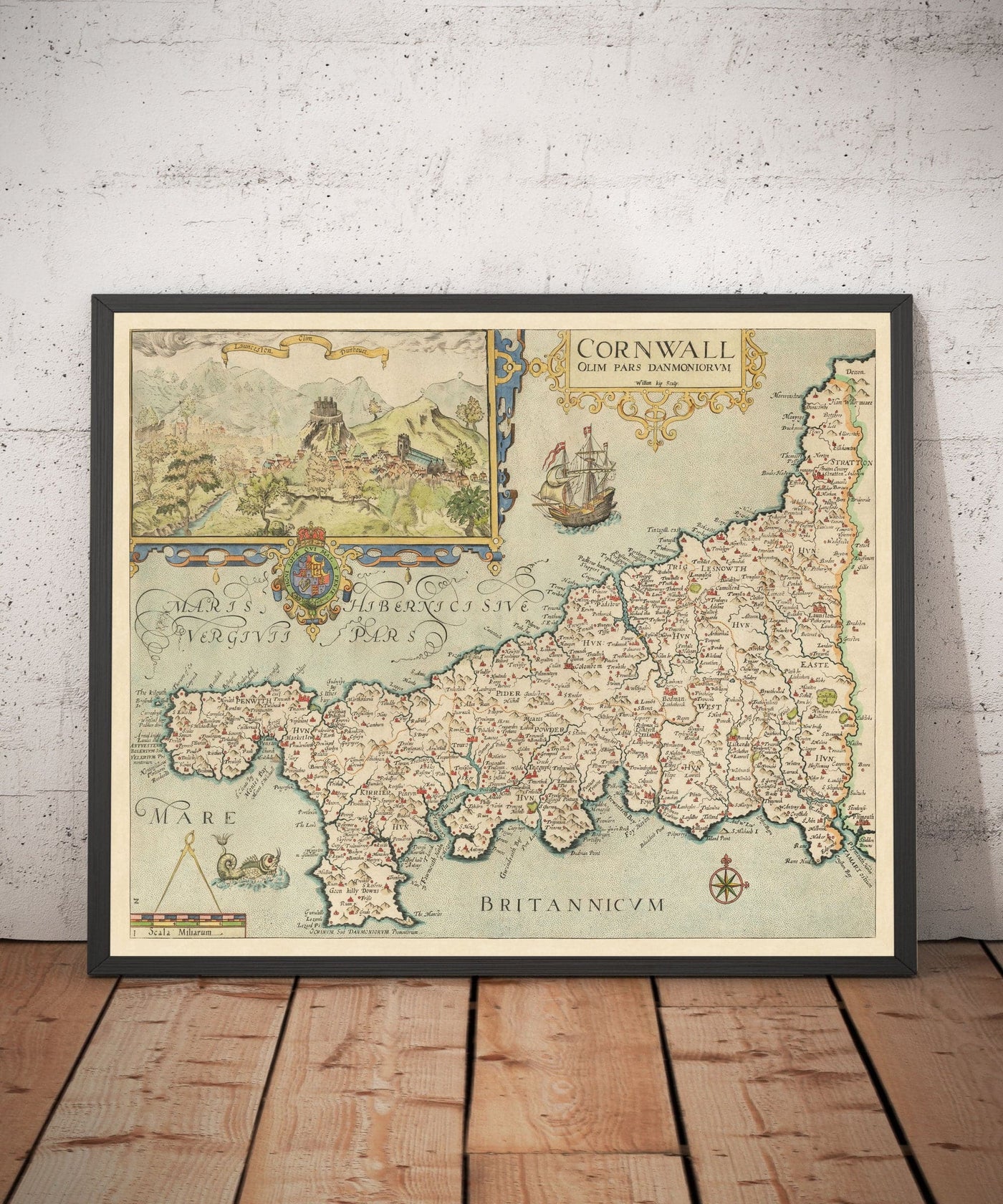 Alte Karte von Cornwall im Jahr 1576 von Christopher Saxton - Penzance, St Ives, Plymouth, Lands End, Padstow, St Michaels Mount, Lizard 