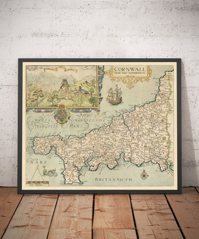 Alte Karte von Cornwall im Jahr 1576 von Christopher Saxton - Penzance, St Ives, Plymouth, Lands End, Padstow, St Michaels Mount, Lizard 