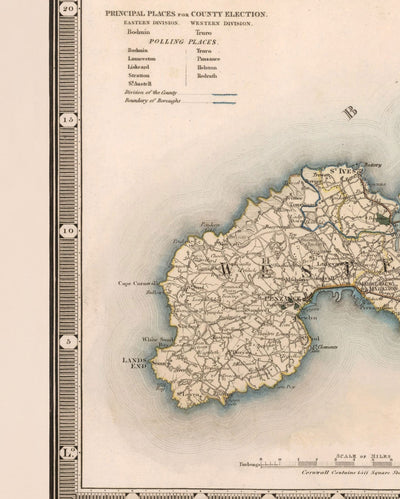 Alte Karte von Cornwall und Scilly, 1829 von Greenwood & Co. - Penzance, St Ives, Plymouth, Lands End, Padstow 