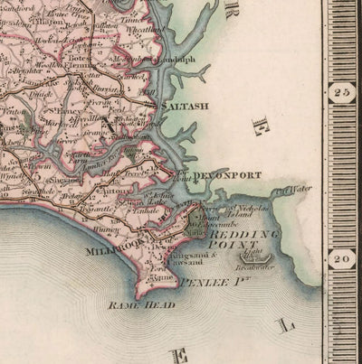 Alte Karte von Cornwall und Scilly, 1829 von Greenwood & Co. - Penzance, St Ives, Plymouth, Lands End, Padstow 