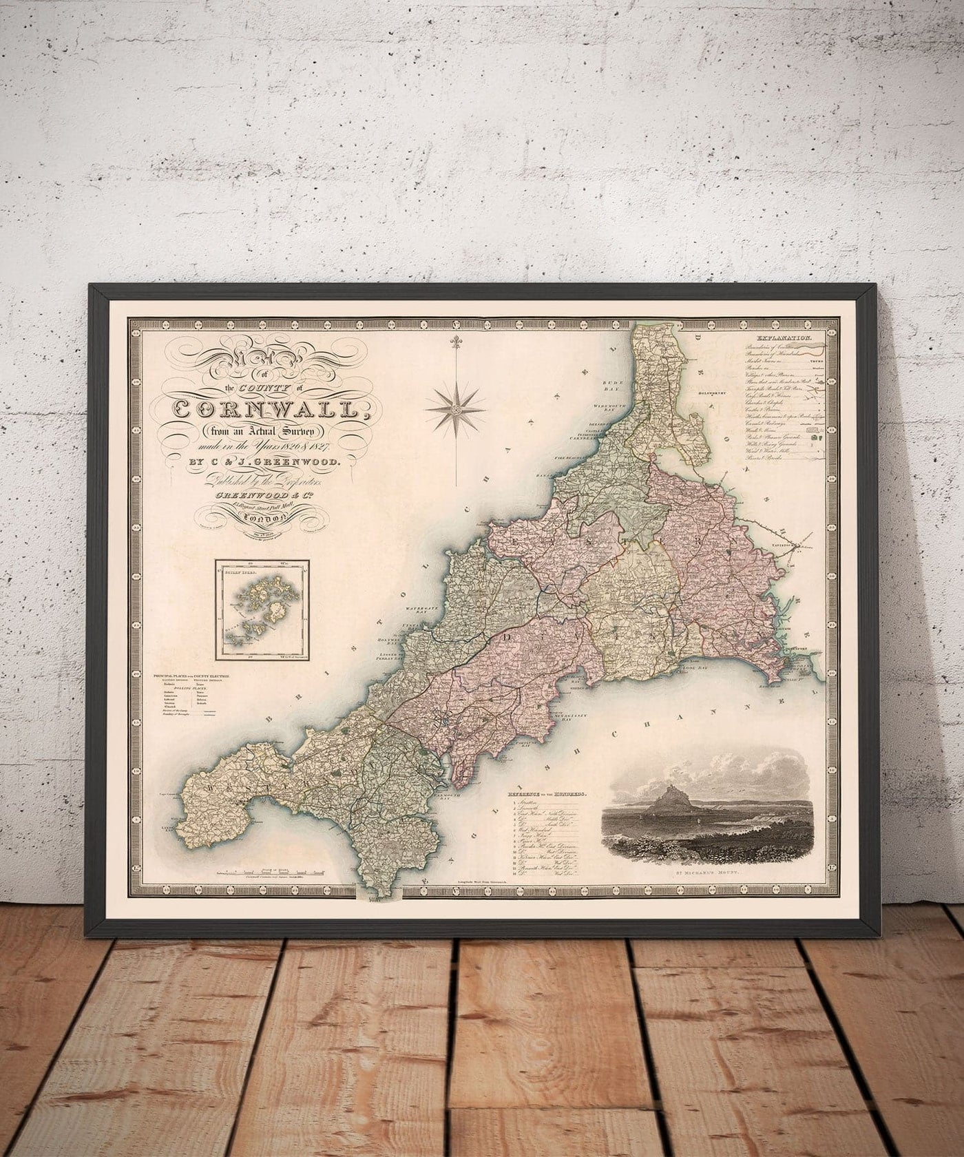 Alte Karte von Cornwall und Scilly, 1829 von Greenwood & Co. - Penzance, St Ives, Plymouth, Lands End, Padstow 
