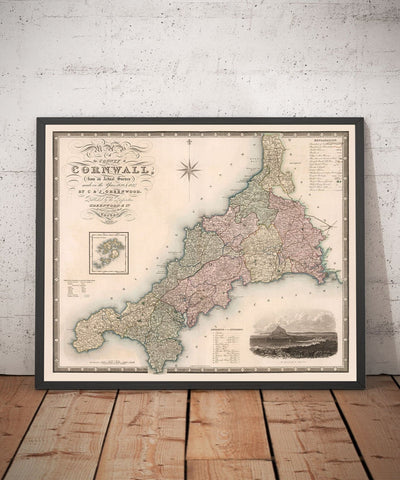 Alte Karte von Cornwall und Scilly, 1829 von Greenwood & Co. - Penzance, St Ives, Plymouth, Lands End, Padstow 