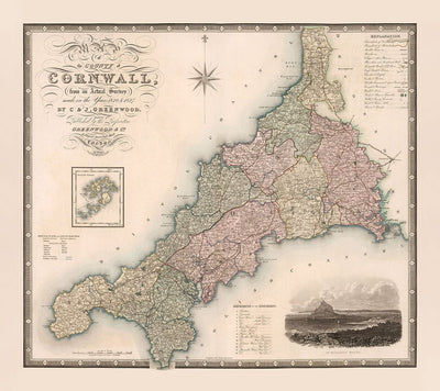 Alte Karte von Cornwall und Scilly, 1829 von Greenwood & Co. - Penzance, St Ives, Plymouth, Lands End, Padstow 