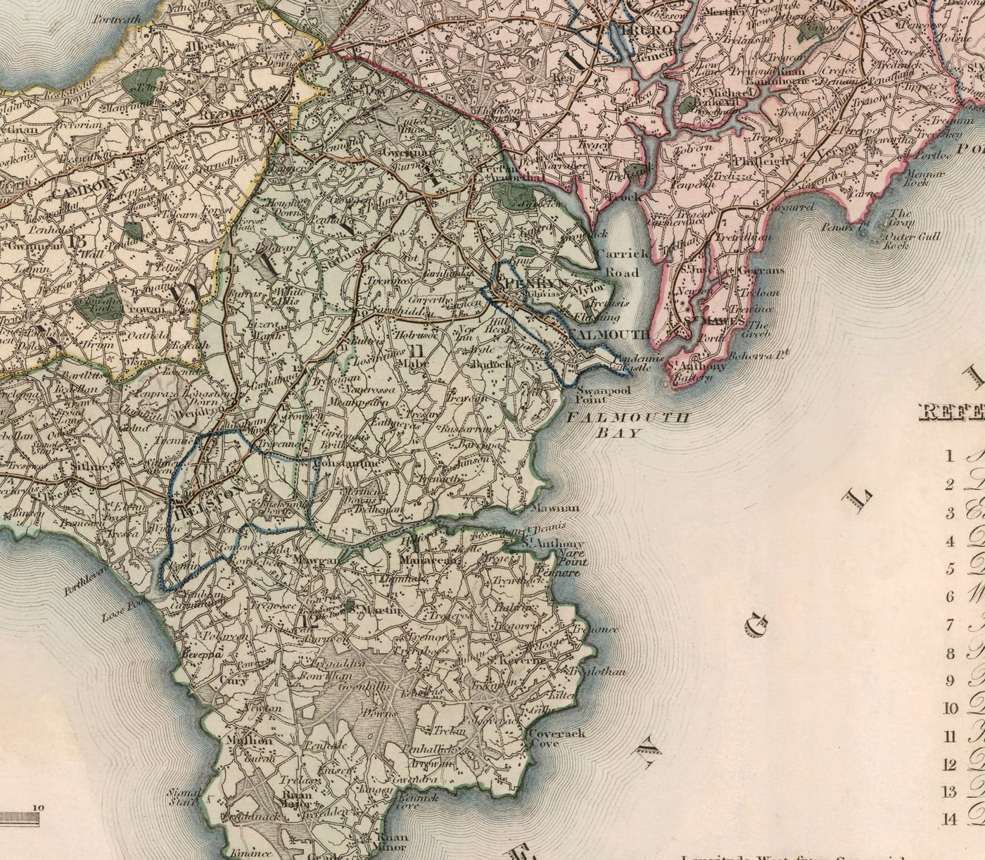 Alte Karte von Cornwall und Scilly, 1829 von Greenwood & Co. - Penzance, St Ives, Plymouth, Lands End, Padstow 