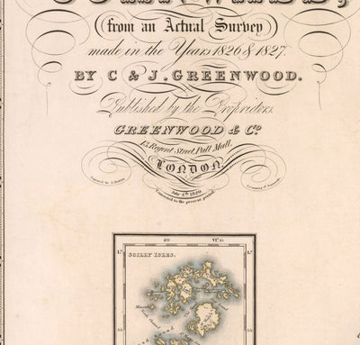 Alte Karte von Cornwall und Scilly, 1829 von Greenwood & Co. - Penzance, St Ives, Plymouth, Lands End, Padstow 