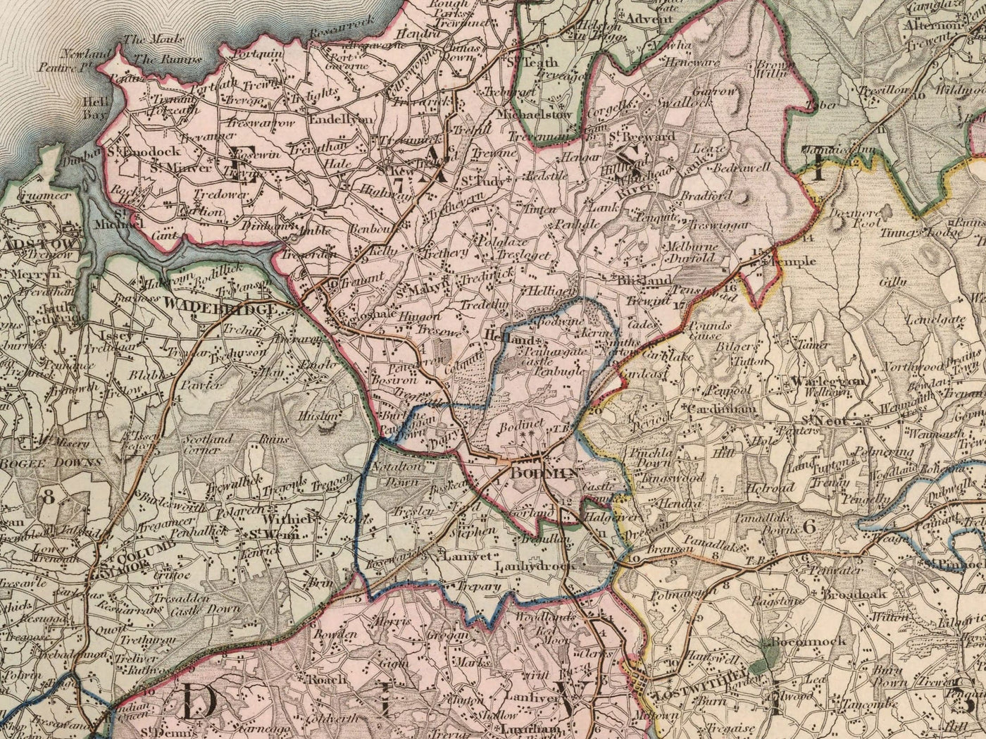 Alte Karte von Cornwall und Scilly, 1829 von Greenwood & Co. - Penzance, St Ives, Plymouth, Lands End, Padstow 