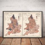 Alte Karte von Verbrechen und Trunkenheit in England und Wales, 1904 - Volkszählung und Demografie Großbritanniens 1901 