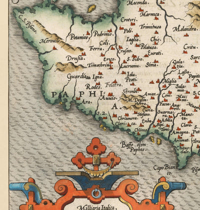 Seltene alte Karte von Zypern von Abraham Ortelius, 1573 - Nikosia, Kyrenia, Famagusta, Limassol, Pafos 