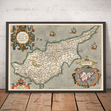 Seltene alte Karte von Zypern von Abraham Ortelius, 1573 - Nikosia, Kyrenia, Famagusta, Limassol, Pafos 