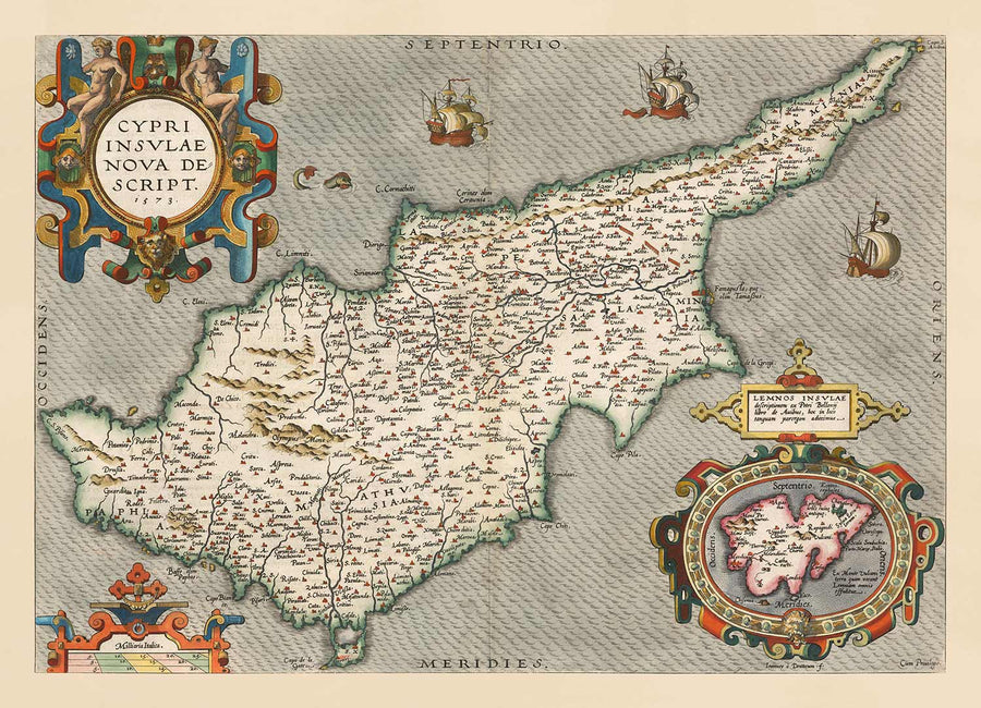 Rara Mappa Antica di Cipro di Abraham Ortelius, 1573 - Nicosia, Kyrenia, Famagosta, Limassol, Pafos 