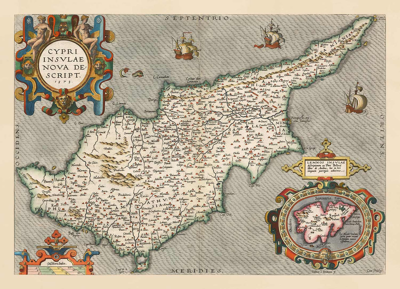 Seltene alte Karte von Zypern von Abraham Ortelius, 1573 - Nikosia, Kyrenia, Famagusta, Limassol, Pafos 