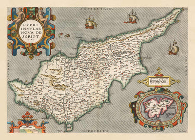 Seltene alte Karte von Zypern von Abraham Ortelius, 1573 - Nikosia, Kyrenia, Famagusta, Limassol, Pafos 