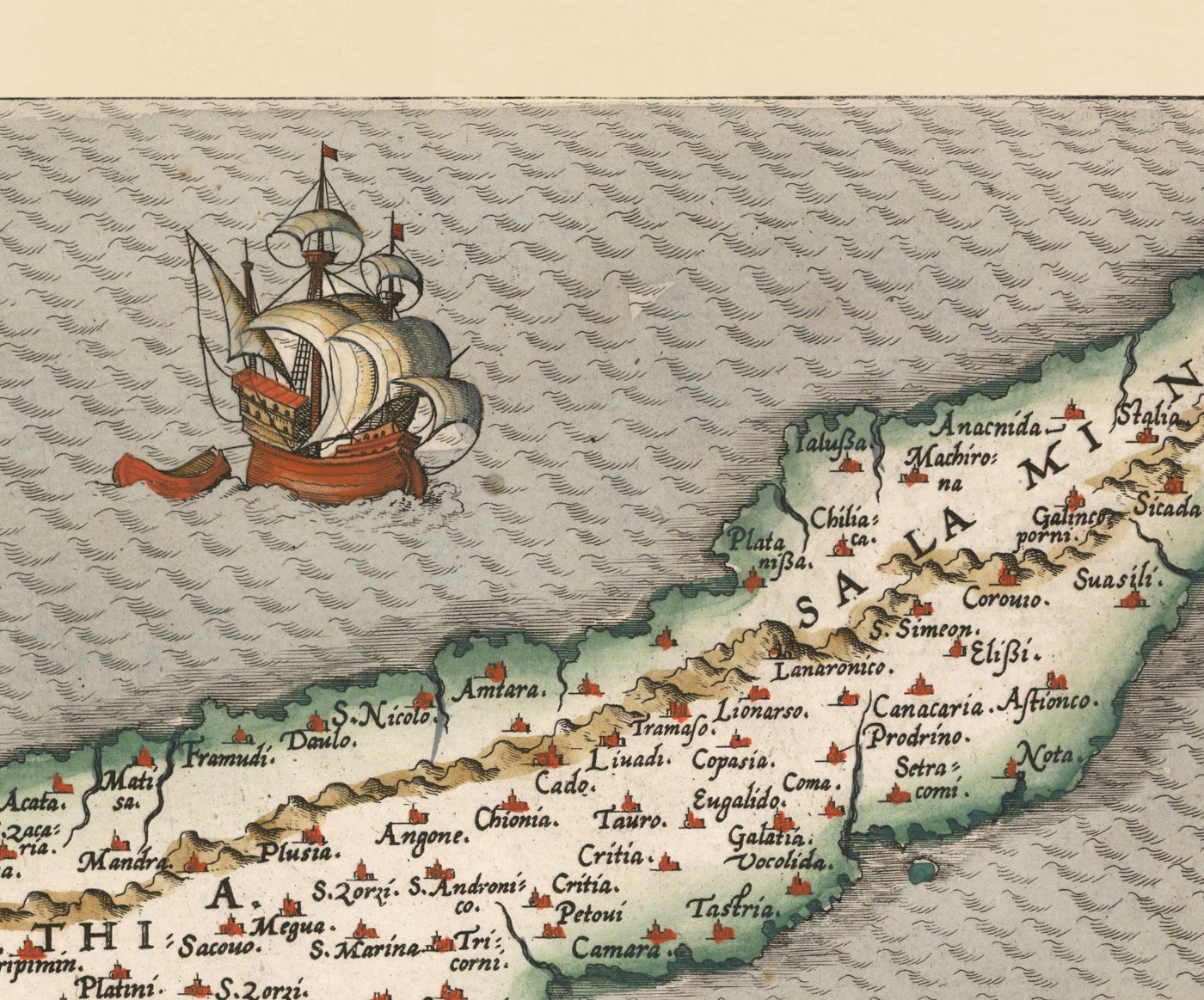 Seltene alte Karte von Zypern von Abraham Ortelius, 1573 - Nikosia, Kyrenia, Famagusta, Limassol, Pafos 