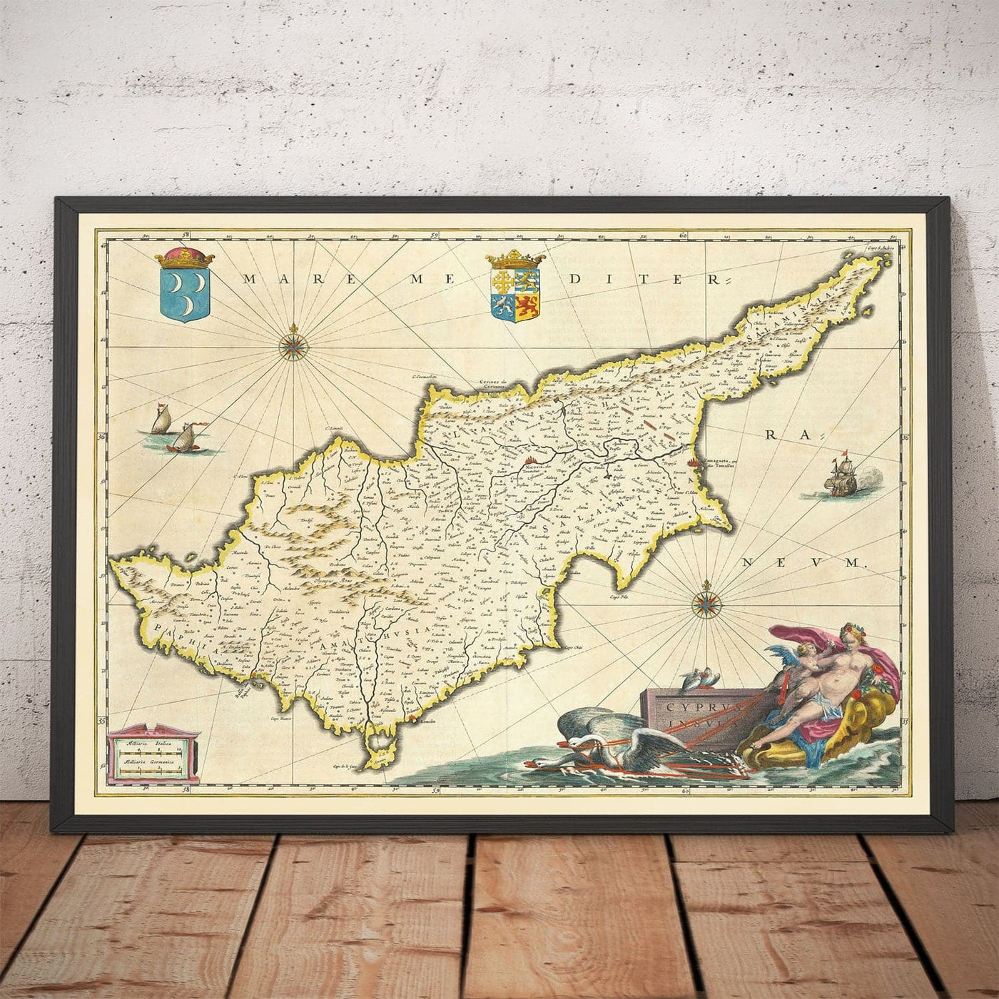 Mapa antiguo de Chipre por Willem Blaeu, 1640 - Nicosia, Kyrenia, Famagusta, Limassol, Pafos, Larnaca