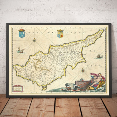 Mapa antiguo de Chipre por Willem Blaeu, 1640 - Nicosia, Kyrenia, Famagusta, Limassol, Pafos, Larnaca